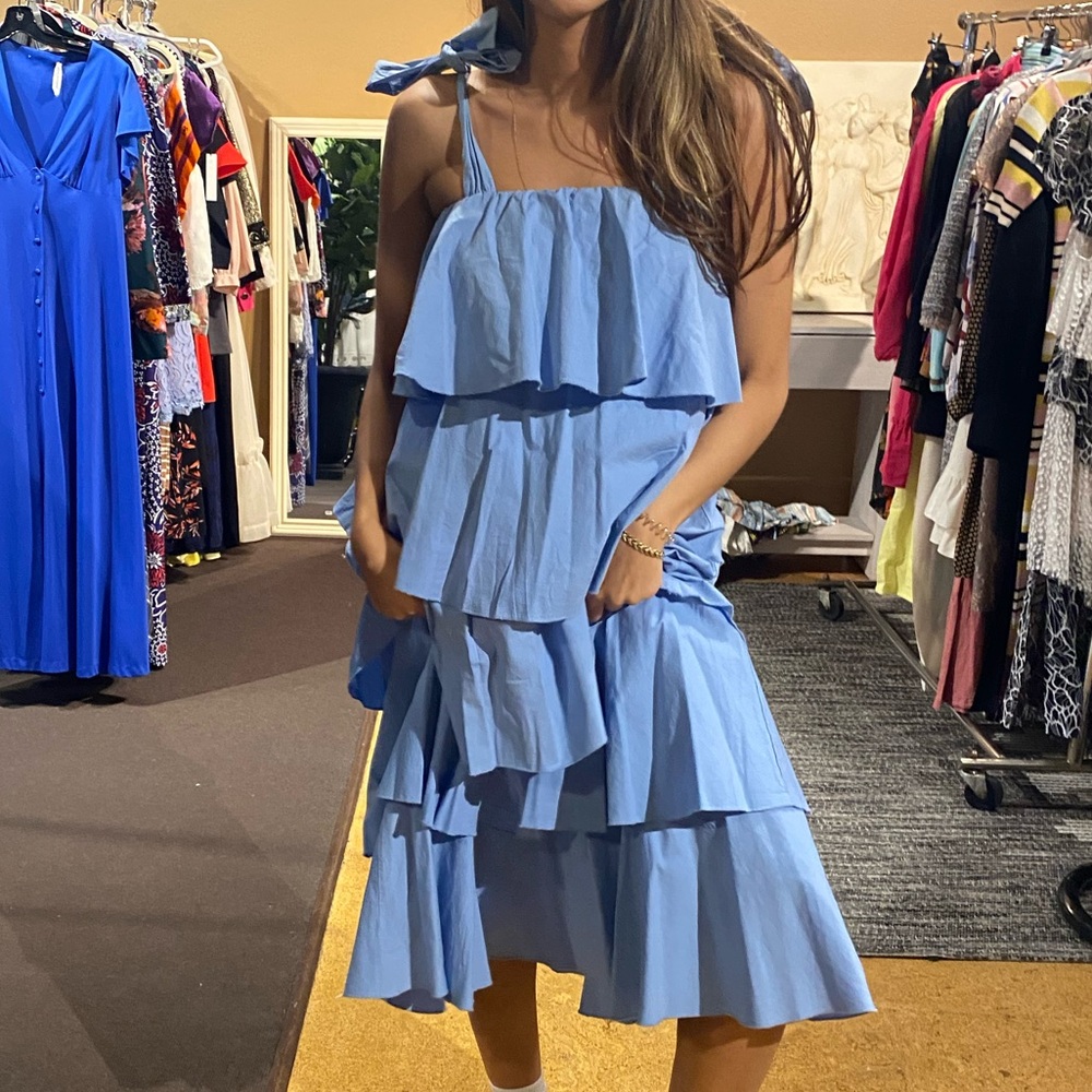 SOFIA Made in Italy Cotton Tiered Beyoncé Dress Light Blue Small